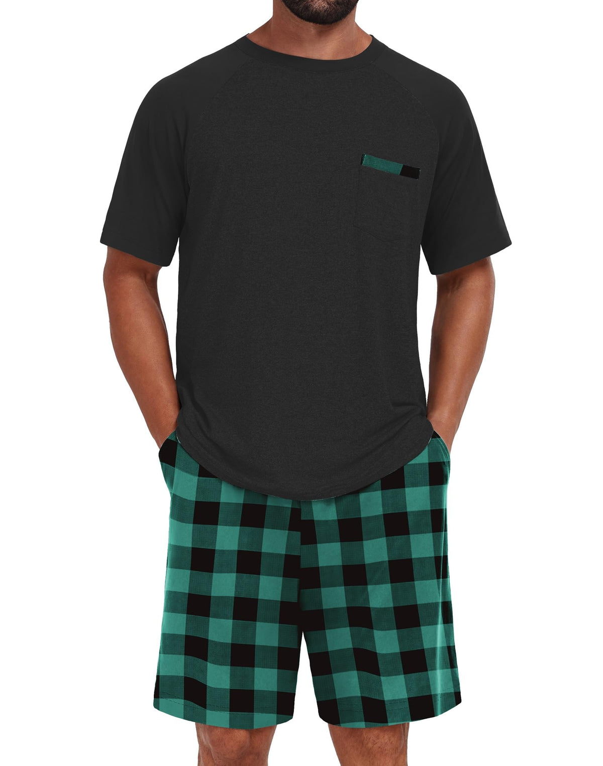 Mens Pajamas Set Shirt and Shorts Lightweight Summer Sleepwear