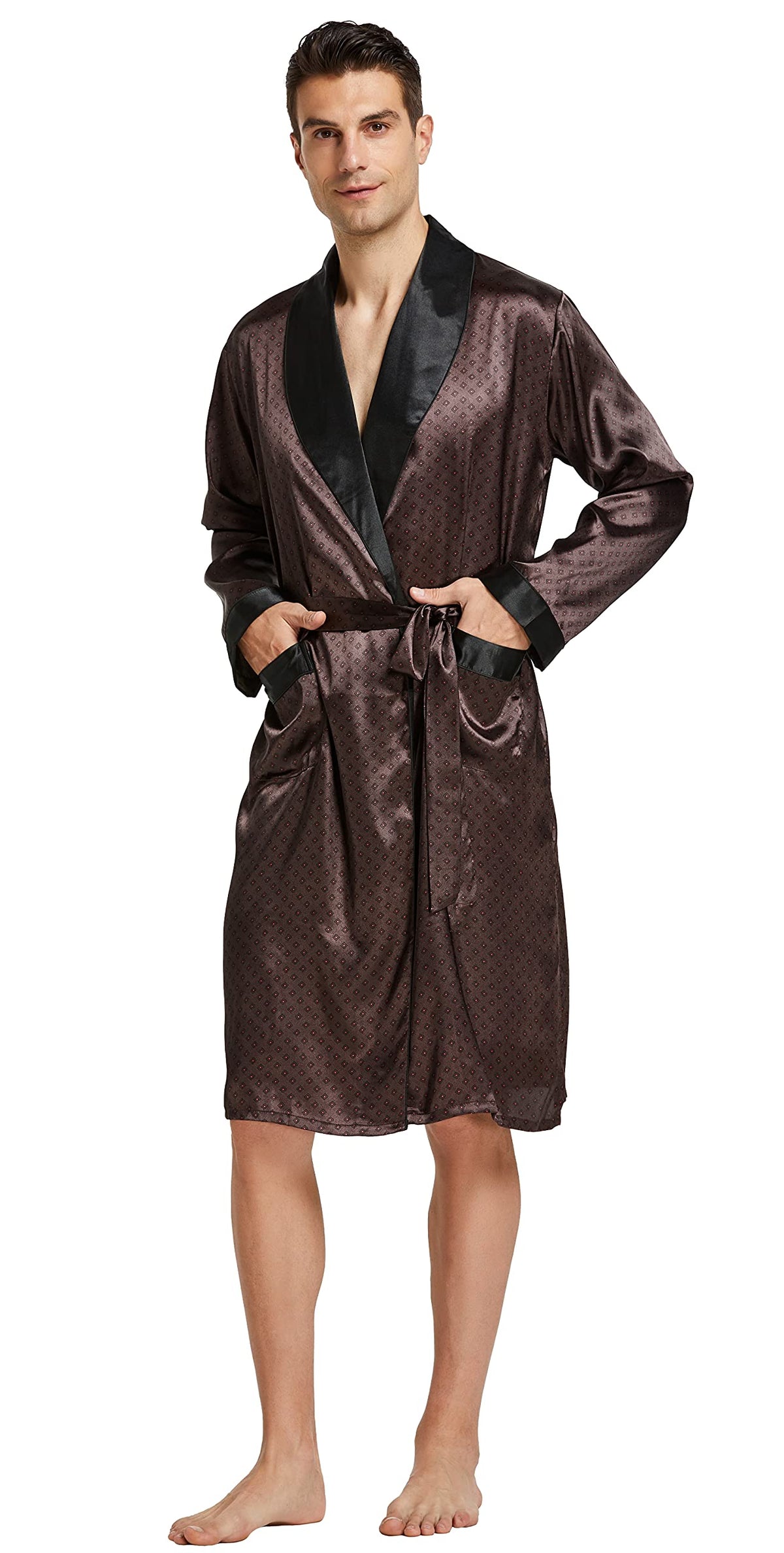 Mens Satin Robe Long Sleeve Silk Kimono Bathrobe with Shorts Set Sleepwear