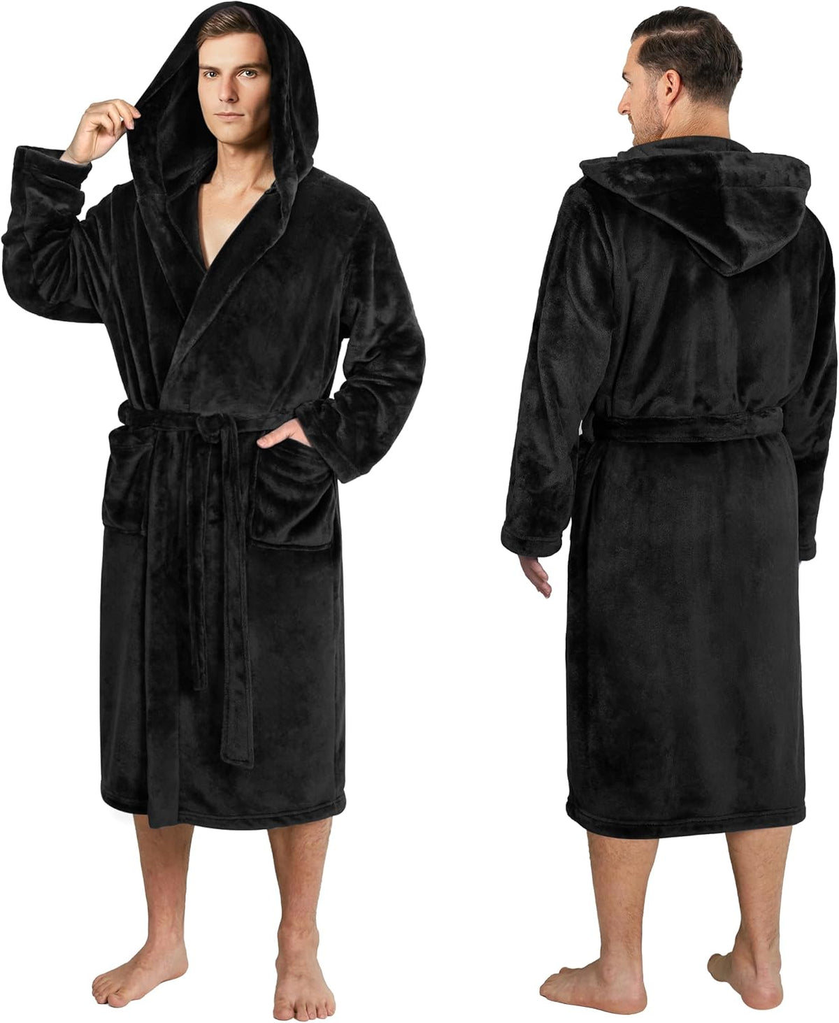 PAVILIA Men's Hooded Fleece Bathrobe Lightweight Long Robe for Men Shower