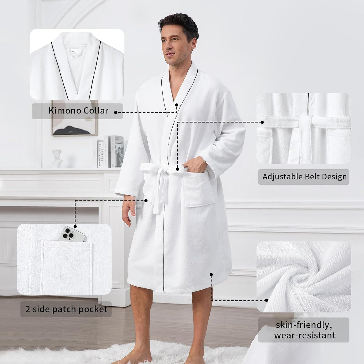 Inner Wish Men's Terry Cloth Bathrobe - Soft Absorbent Quick-Dry Spa Robe with Pockets, Lightweight Robe for Shower