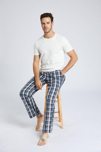 Jveyvth Mens Pajama Pants 100% Cotton Plaid Sleep & Lounge Pants, PJ Bottoms with Pockets and Button Fly