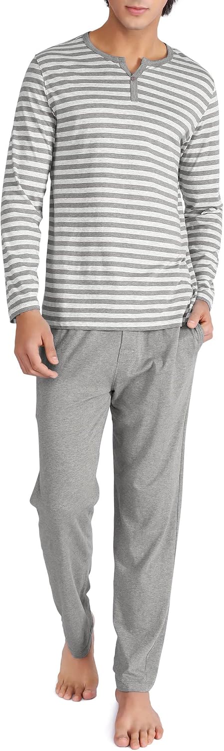 DAVID ARCHY Men's Pajamas Set 100% Combed Cotton Henley Loungewear Relaxed Fit Sleepwear with Pockets