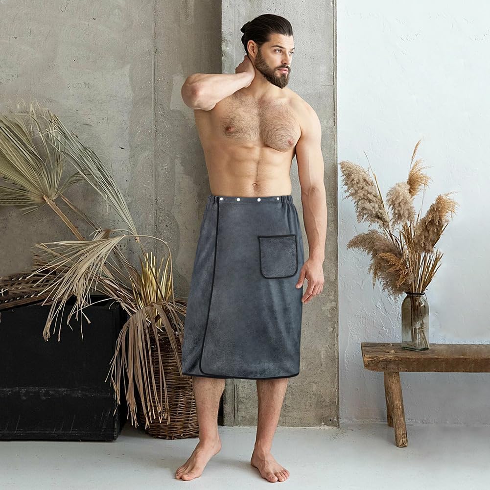 AOMIG Men's Towel Wrap with Pockets 80x150cm Large Grey Plush Soft Quick Dry Body Bath Towels Adjustable Towel Bathrobe