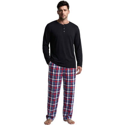 Vulcanodon Mens 100% Cotton Pajamas Set Cozy 2 Piece with Plaid Pants Pjs