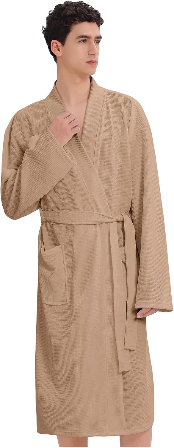 Mens Waffle Robe Spa Kimono Bathrobe Lightweight Shower Bath Robe Knee-Length Hotel Spa Robe