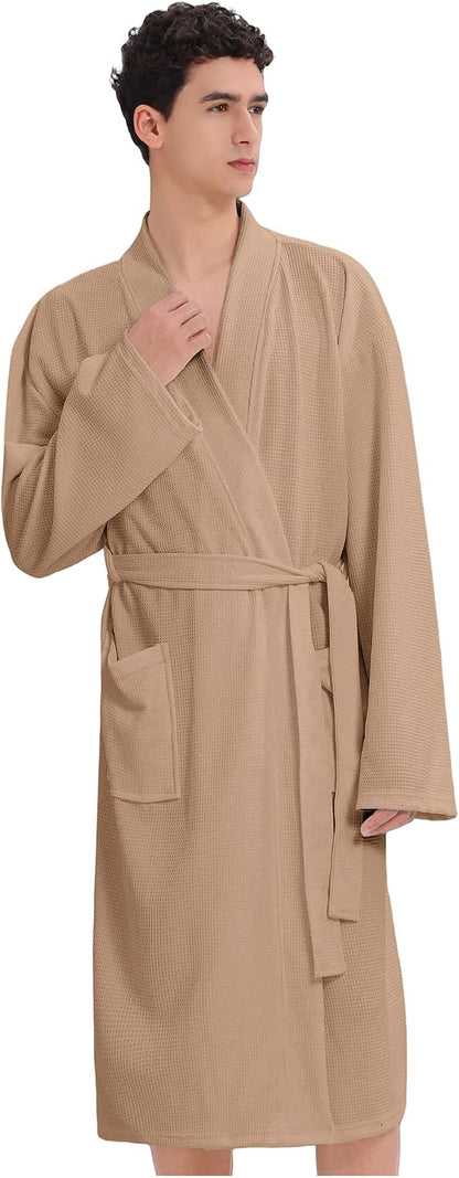 Mens Waffle Robe Spa Kimono Bathrobe Lightweight Shower Bath Robe Knee-Length Hotel Spa Robe