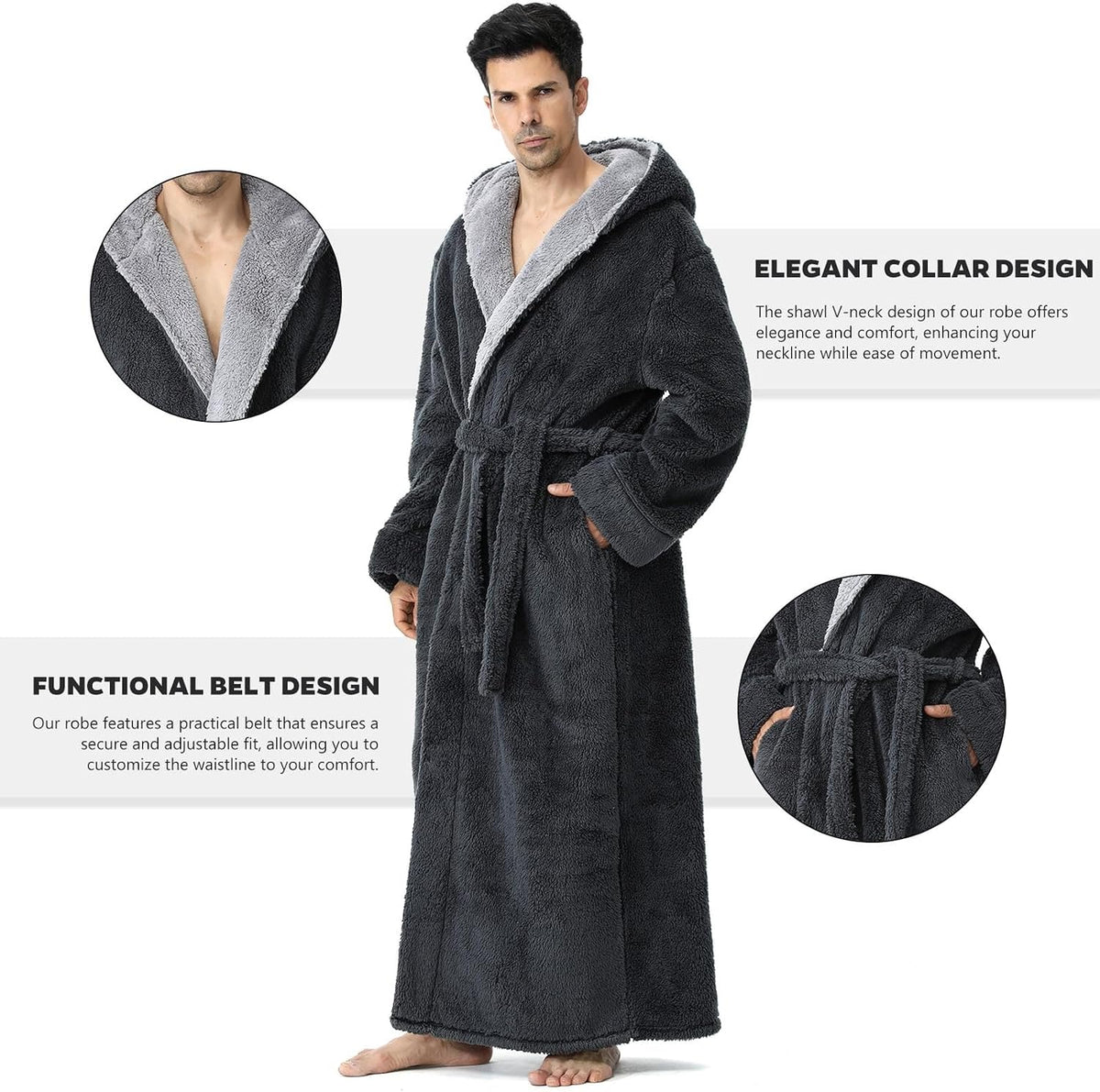 Hellomamma Mens Robe with Hood Plush Fleece Long Belted Bathrobes