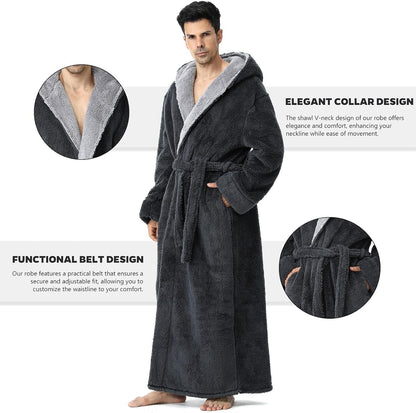 Hellomamma Mens Robe with Hood Plush Fleece Long Belted Bathrobes