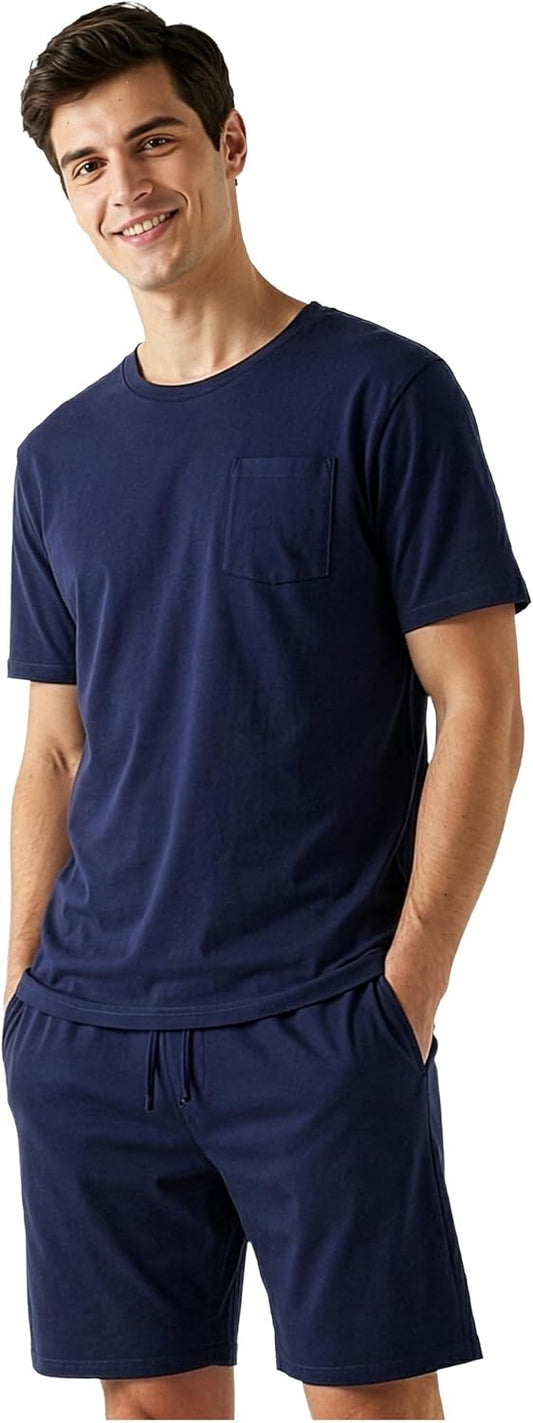 Get Trend Pajama Set for Men Teens, 2 Pc Soft Breathable Pajamas, T Shirt & PJ Shorts with Pockets, Lounge Set, Gifts for Men