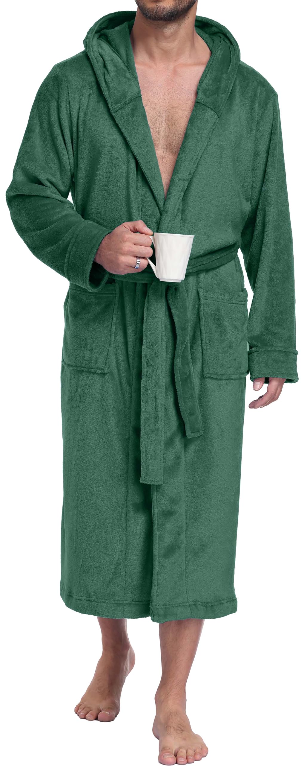 PrinStory Mens Hooded Robe Plush Fleece Robes Soft Long Bathrobe