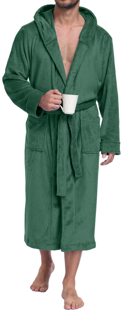 PrinStory Mens Hooded Robe Plush Fleece Robes Soft Long Bathrobe