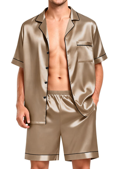 SWOMOG Men Satin Silk Pajamas Sets Short Sleeve Sleepwear Button-Down PJs Sets Two-Pieces Loungewear with Pockets