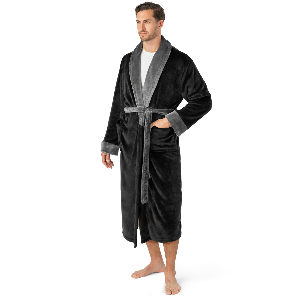 PAVILIA Mens Fleece Robe, Warm Bathrobe with Shawl Collar, Pockets & Belt