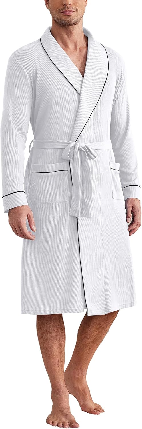 Ekouaer Mens Robes Lightweight Waffle Knit Kimono Bathrobe Long Sleeve Sleepwear Soft Knee Length Robe with Pockets