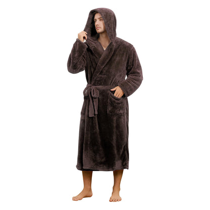 Mens Fleece Hooded Robe, Plush Robes Cozy for Men, Soft Warm Bathrobe Shower Spa Long Robe With Pockets