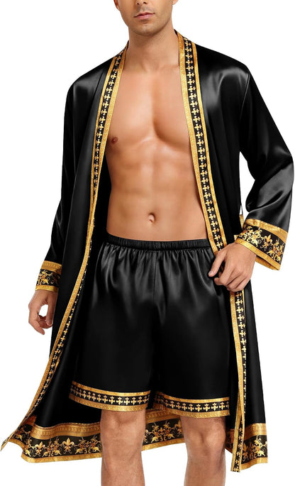 SWOMOG Men's Satin Robe with Shorts Set Silky Kimono Bathrobe Opulent Baroque Robes Lightweight Luxury Sleepwear