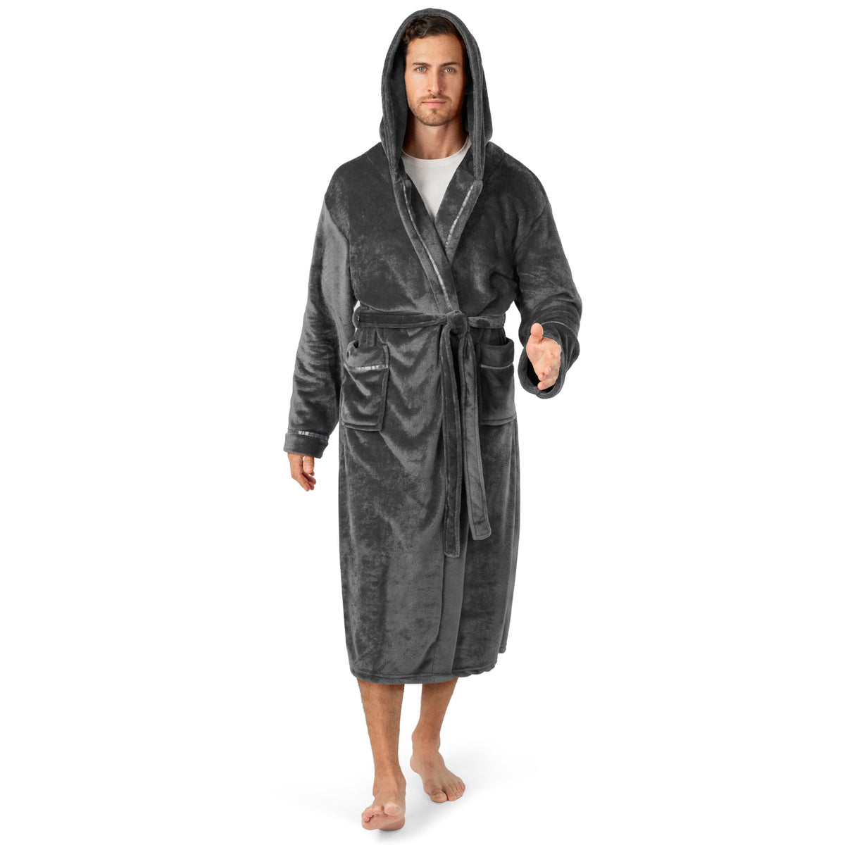 PAVILIA Mens Fleece Robe, Hooded Bathrobe with Shawl Collar, Pockets & Belt