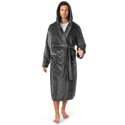 PAVILIA Mens Fleece Robe, Hooded Bathrobe with Shawl Collar, Pockets & Belt