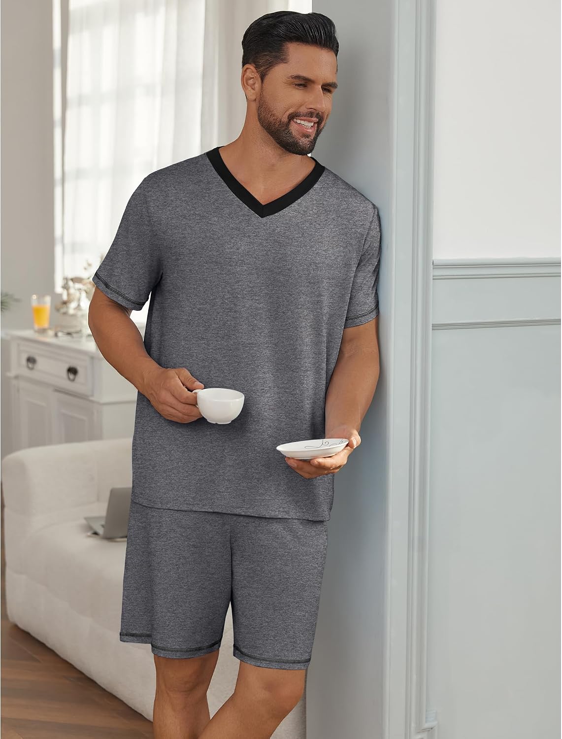 Ekouaer Men's Pajama Sets Shorts Short Sleeve Pj Sets Loungewear Lightweight Lounge Sets with Pockets