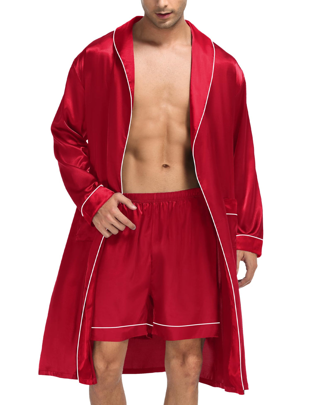 SWOMOG Men's Satin Robe Silky Kimono Bathrobe with Shorts Set Lightweight Soft Loungewear Nightwear
