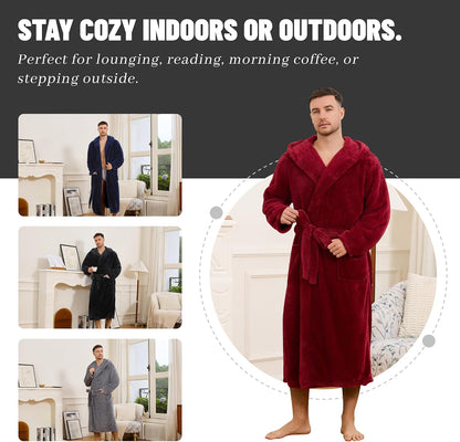 Mens Fleece Hooded Robe, Plush Robes Cozy for Men, Soft Warm Bathrobe Shower Spa Long Robe With Pockets