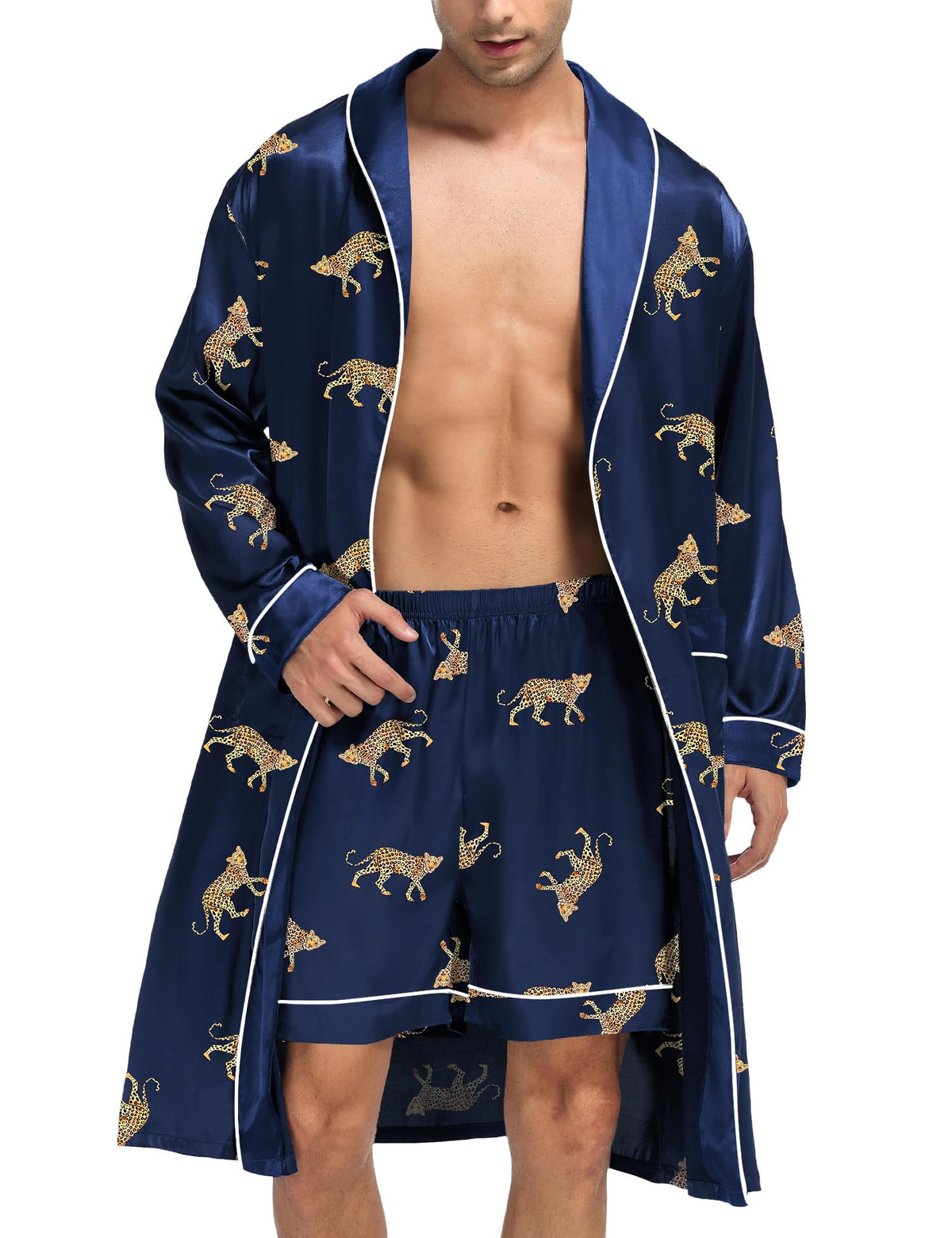 SWOMOG Men's Satin Robe Silky Kimono Bathrobe with Shorts Set Lightweight Soft Loungewear Nightwear