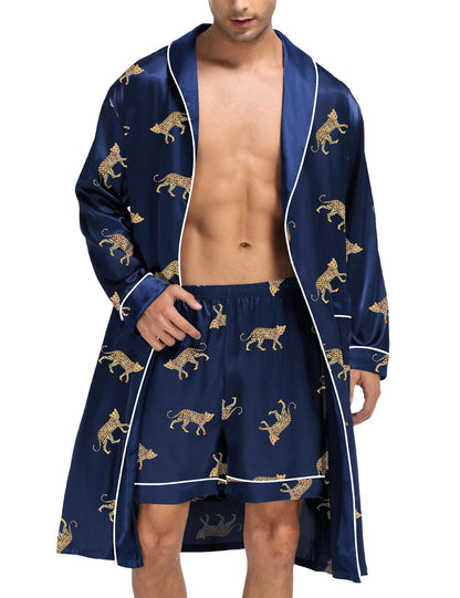 SWOMOG Men's Satin Robe Silky Kimono Bathrobe with Shorts Set Lightweight Soft Loungewear Nightwear
