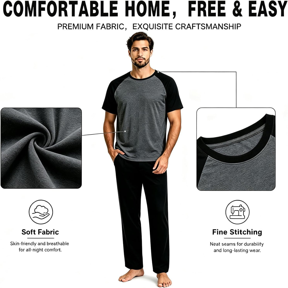 Men's Pajama Lounge Set - Soft 2 Piece Sleepwear with Pockets