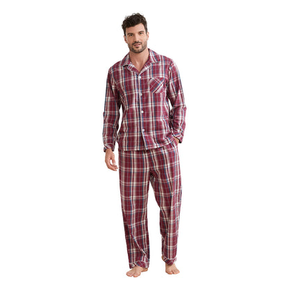 Vulcanodon Mens Cotton Pajama Set, Plaid Button Down Woven Sleepwear
