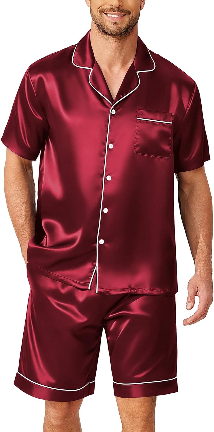 Ekouaer Mens Pajamas Set Silk Satin Pjs Short Sleeve Button Up Lounge Sets