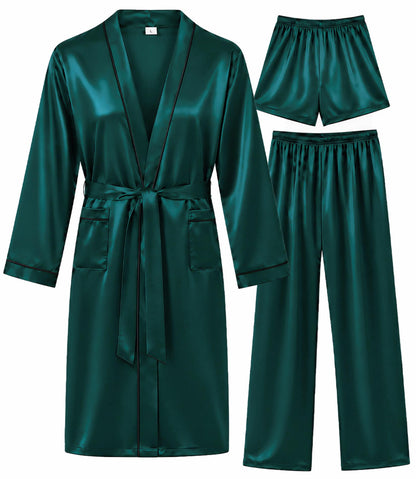 SWOMOG Mens 3 PCS Satin Robe with Pants & Shorts Set Kimono Bathrobe Long Sleeve Sleepwear Pjs Sets with Pockets