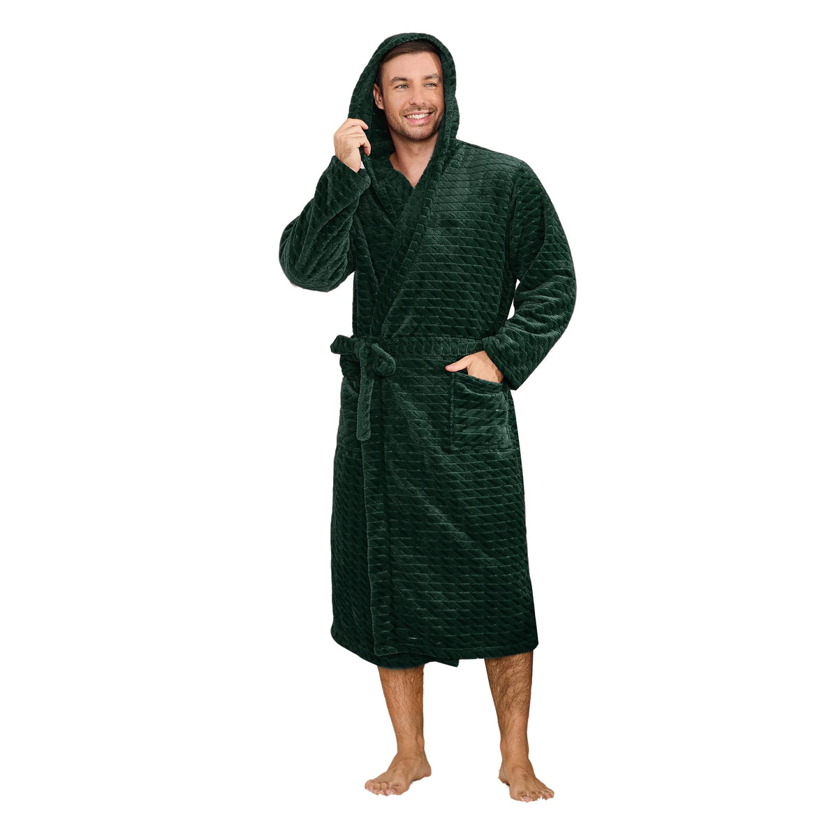 U2SKIIN Mens Plush Fleece Hooded Robe, Soft Warm Long Bathrobe with Pockets, Cozy Spa Shower Robe for Men
