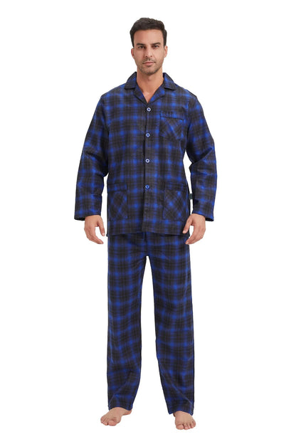 GLOBAL Men's Pajamas Sets 100% Cotton Flannel Sleepwear Long-Sleeve top & Bottom