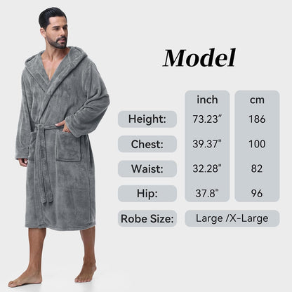 Absorbent Fleece Mens Robe with Hood Warm Cozy Ultra Soft Bathrobe Luxury Quick Dry Spa Towel Robe for Men
