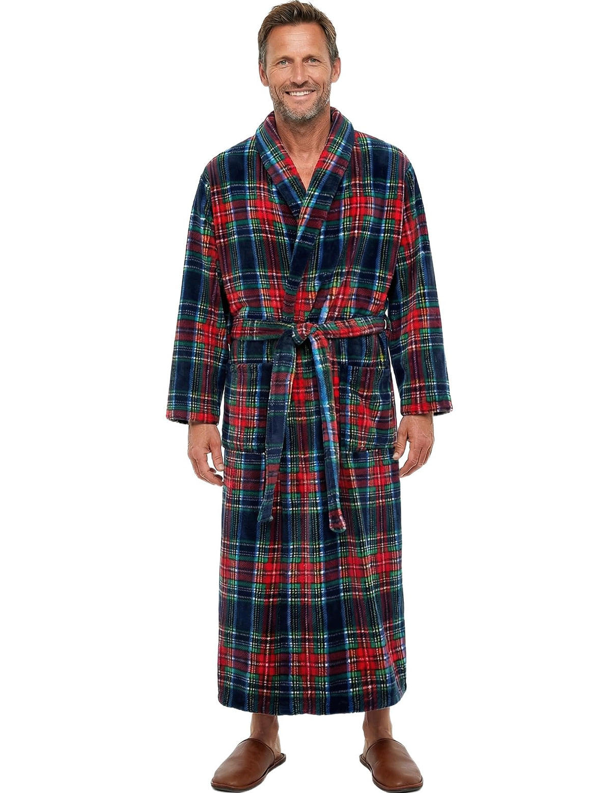 Men's Plush Fleece Hooded Robe with Pockets, Long Bathrobe