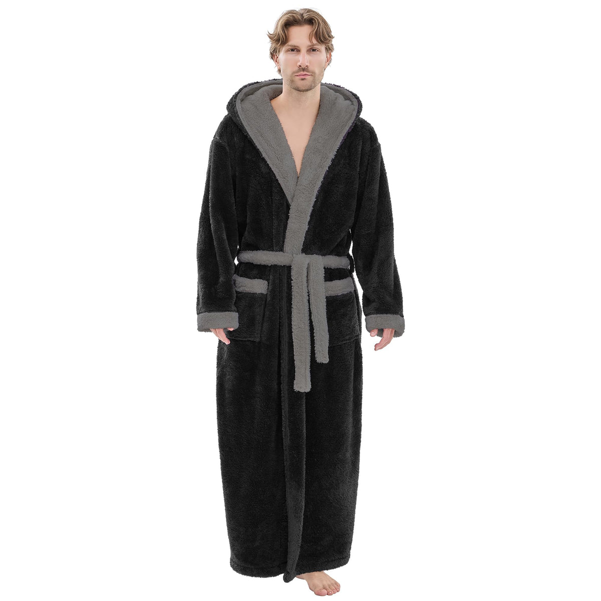 PJGGZ Mens Plush Robes Full Length, Big and Tall Fleece Hooded Bathrobe Warm Fluffy Cozy Winter Housecoat Floor Length