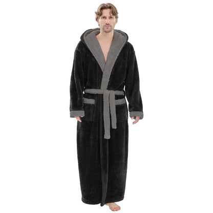 PJGGZ Mens Plush Robes Full Length, Big and Tall Fleece Hooded Bathrobe Warm Fluffy Cozy Winter Housecoat Floor Length