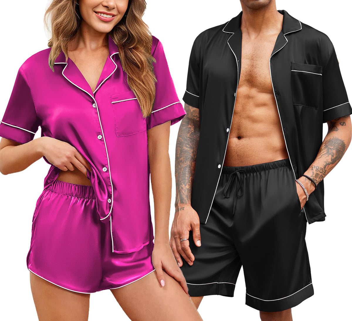 Ekouaer Couple Matching Pajamas Sets Silk Satin Button Sleepwear S-XXL