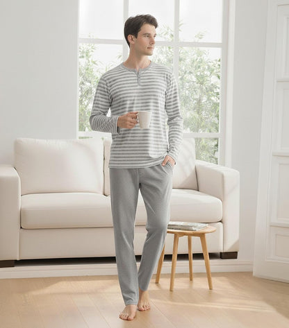 DAVID ARCHY Men's Pajamas Set 100% Combed Cotton Henley Loungewear Relaxed Fit Sleepwear with Pockets