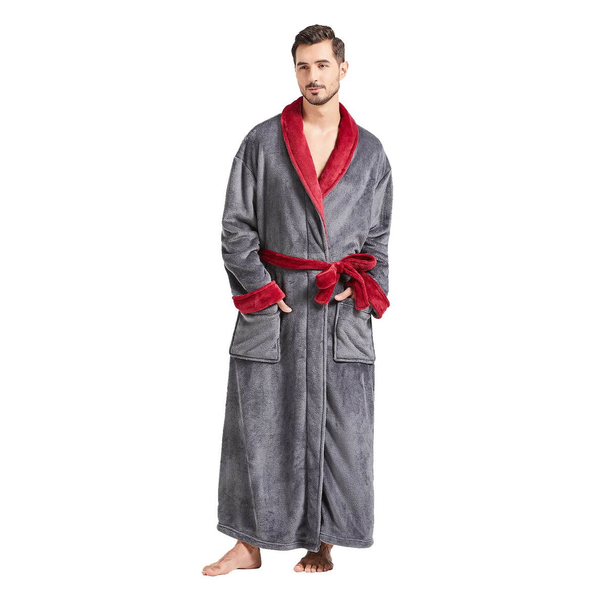 FashGudim Mens Robes Big and Tall Full Length Plush Fleece Long Robe for Men Bathrobe Shawl Collar Warm Winter House Robes