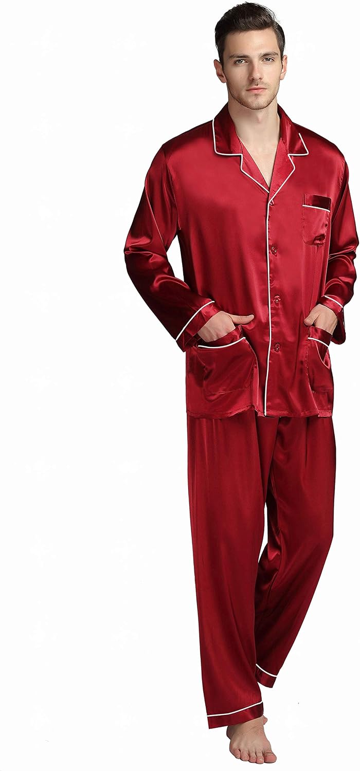 Lonxu Pajamas Set Mens Silk Satin Pajamas Long Sleeve Loungewear Two-Piece Sleepwear Button-Down Pj Set S-XXXXL