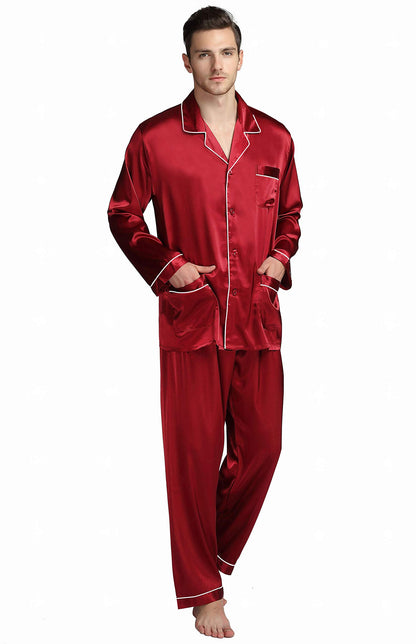 Lonxu Pajamas Set Mens Silk Satin Pajamas Long Sleeve Loungewear Two-Piece Sleepwear Button-Down Pj Set S-XXXXL