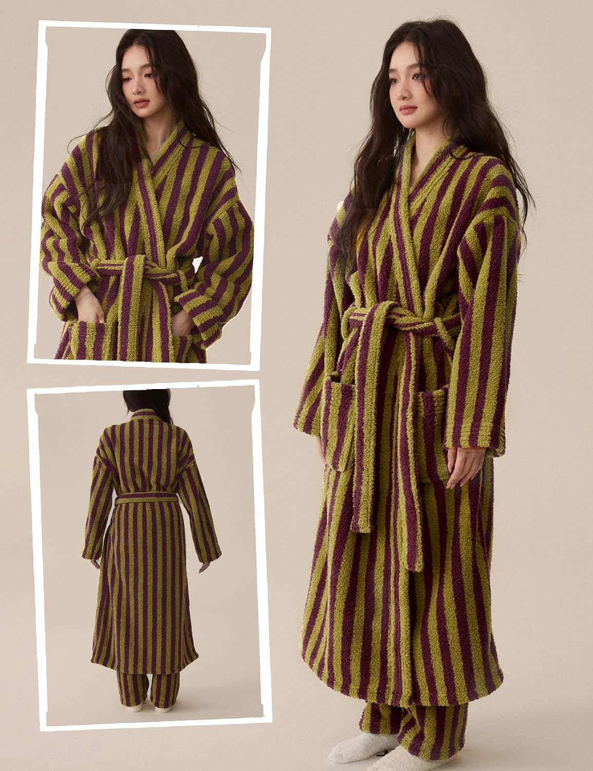 Arssm Womens Striped Fluffy Robe Long Plush Fuzzy Warm Bathrobes