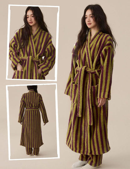 Arssm Womens Striped Fluffy Robe Long Plush Fuzzy Warm Bathrobes