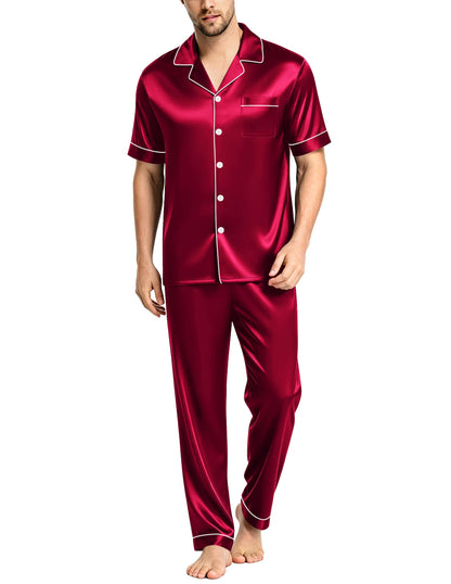 SWOMOG Mens Satin Pajama Set Short Sleeve Classic Sleepwear Button Down Silky Loungewear with Long Pants