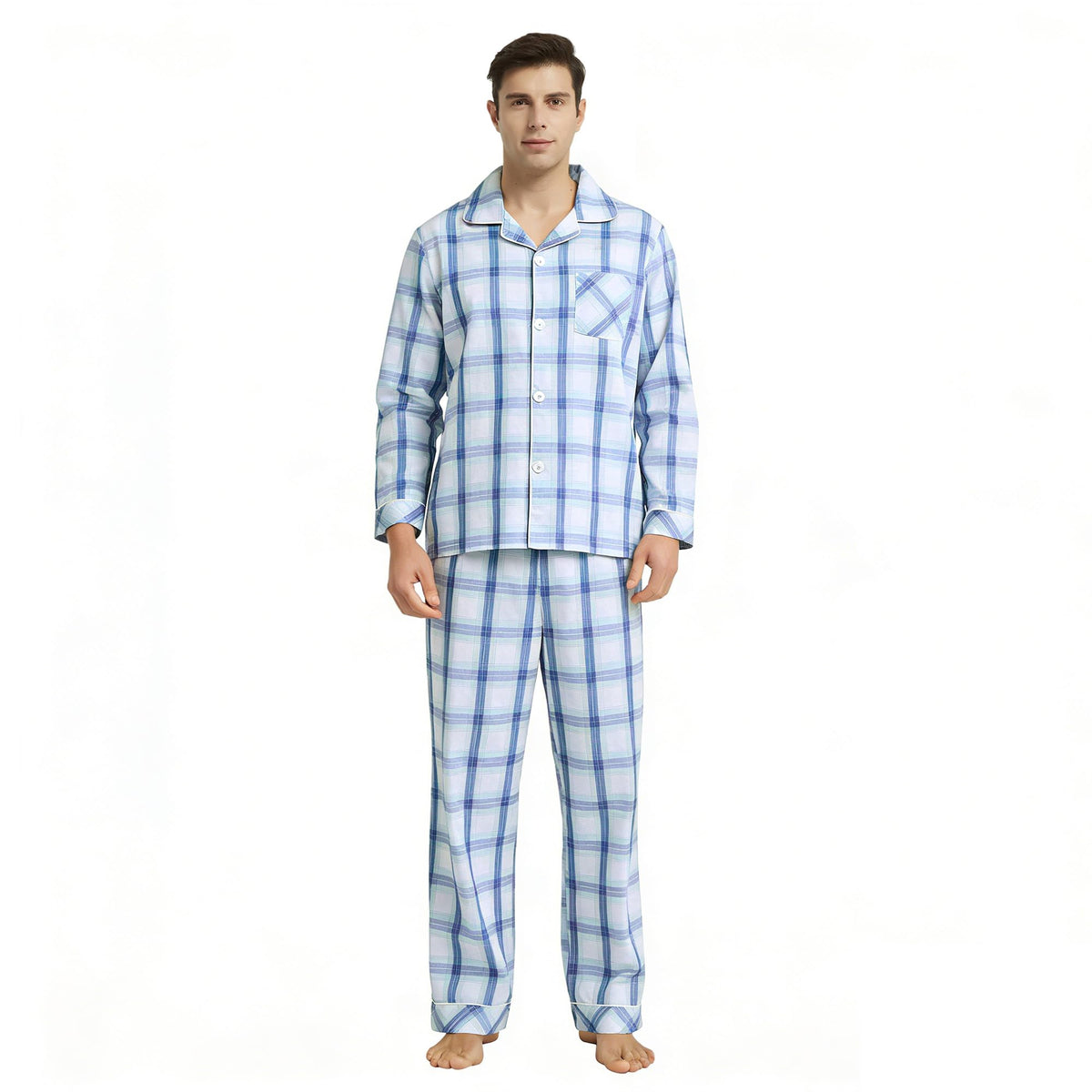Vulcanodon Mens Cotton Pajama Set, Plaid Button Down Woven Sleepwear