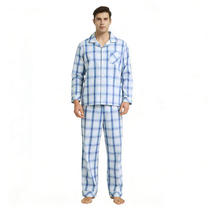 Vulcanodon Mens Cotton Pajama Set, Plaid Button Down Woven Sleepwear