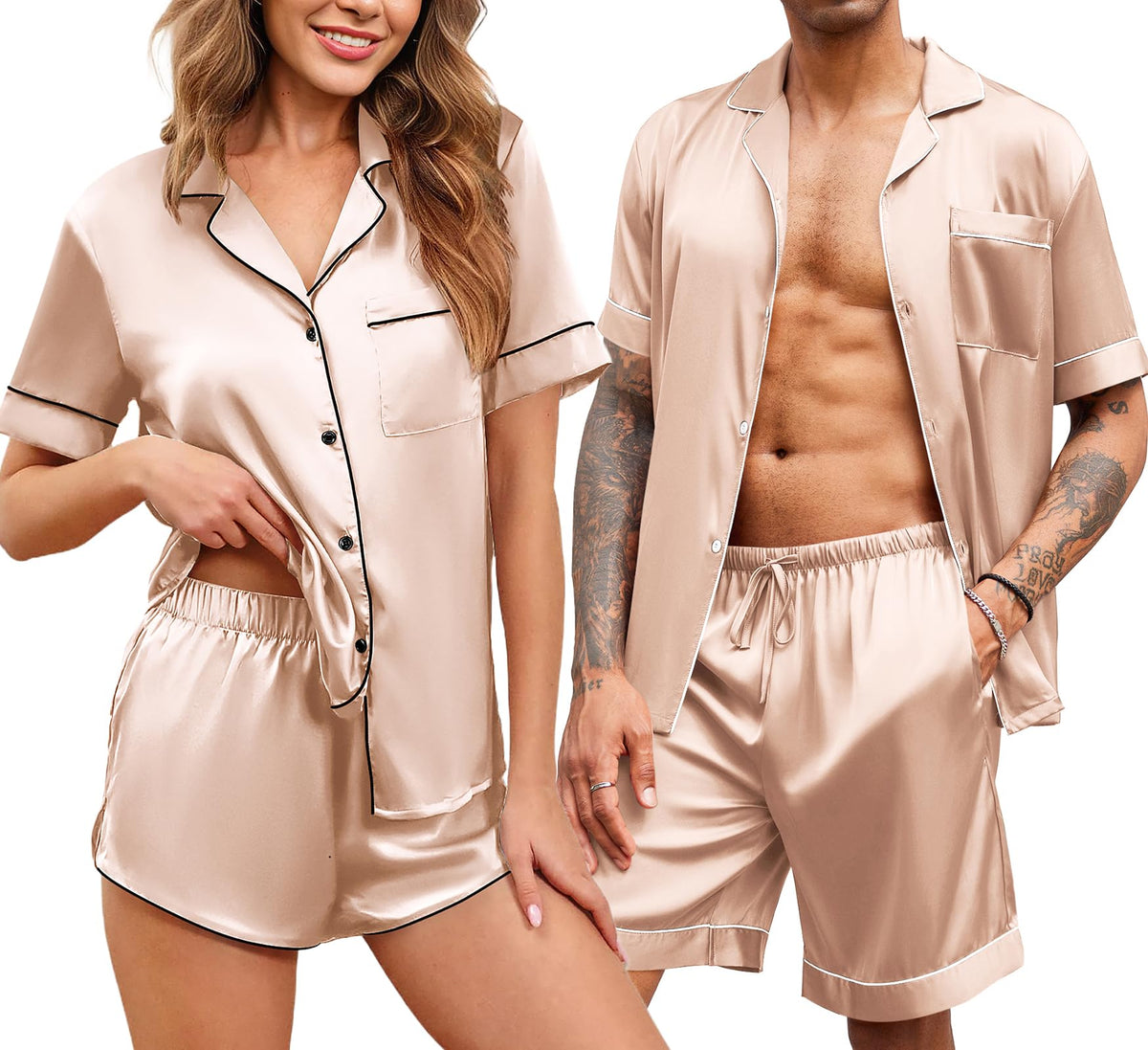 Ekouaer Couple Matching Pajamas Sets Silk Satin Button Sleepwear S-XXL
