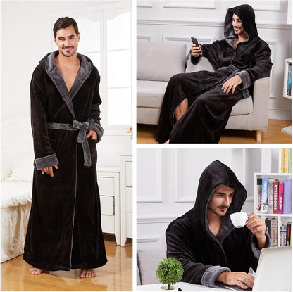 FashGudim Mens Robes Big and Tall with Hood Two-Tone Flannel Fleece Contrast Bathrobe Full Length Plush Long Robe House Coat
