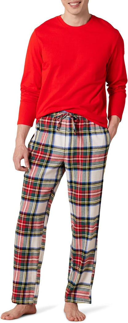 Amazon Essentials Men's 100% Cotton Flannel Pant and Long-Sleeve T-Shirt Pajama Set